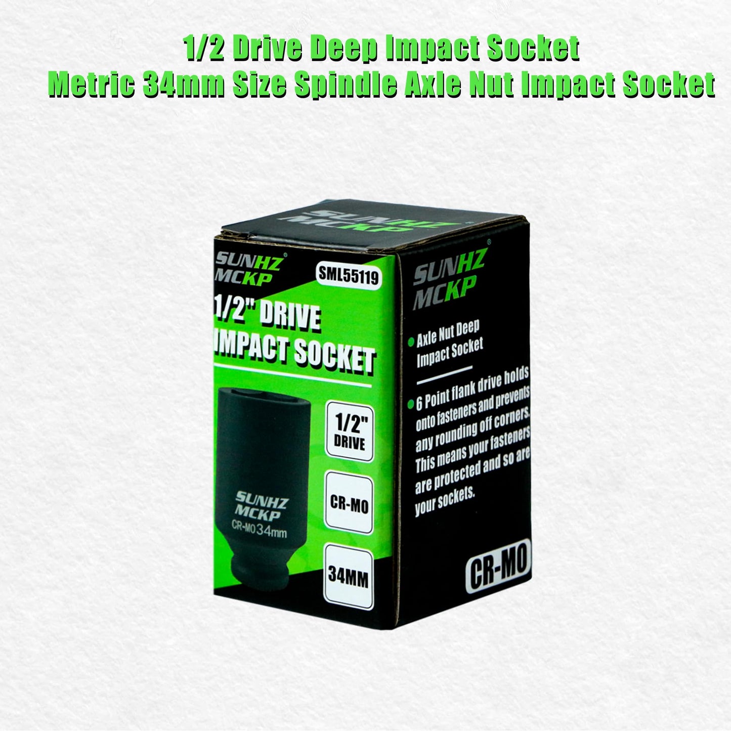 SUNHZMCKP 1/2 Inch Drive Impact Socket - Metric 34 mm Deep 6 Point CR-MO Axle Nut Impact Grade for Easy Removal