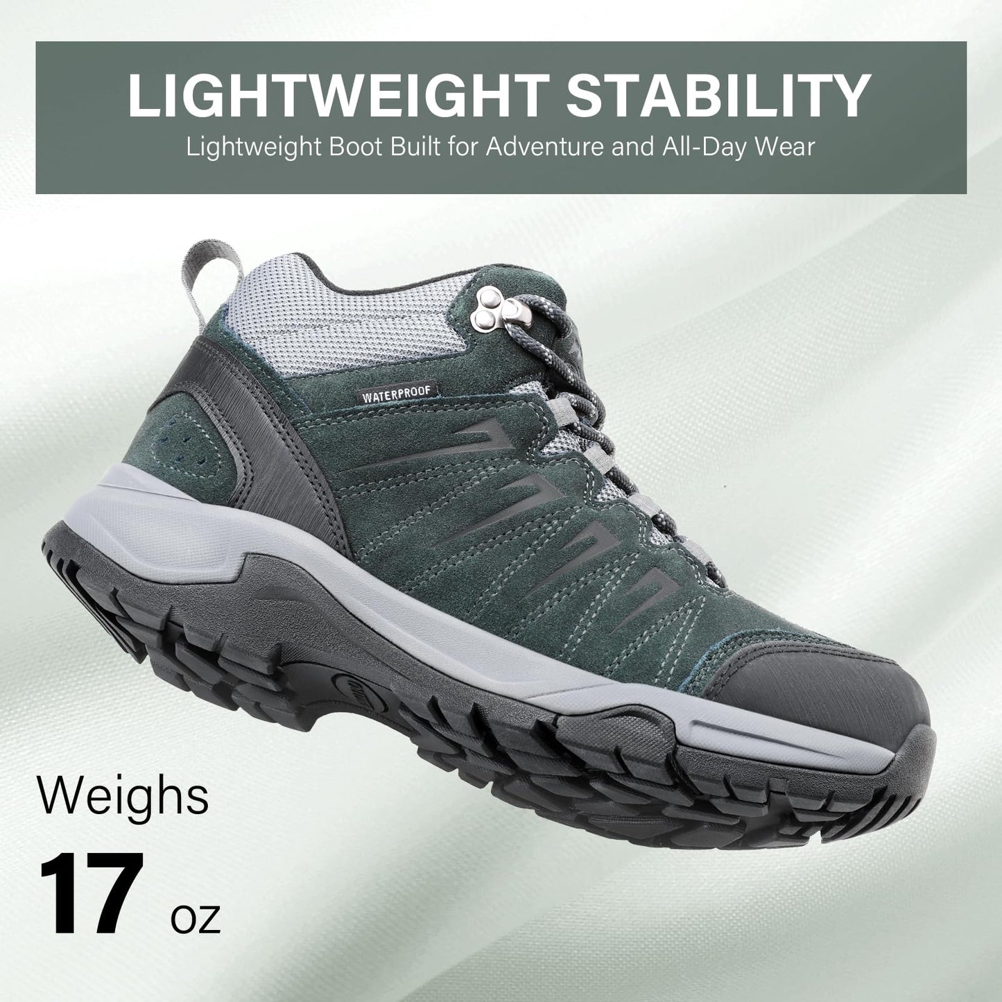 OUTJET Men's Waterproof Hiking Boots Lightweight Leather Mid Ankle Outdoor Trail Trekking shoes