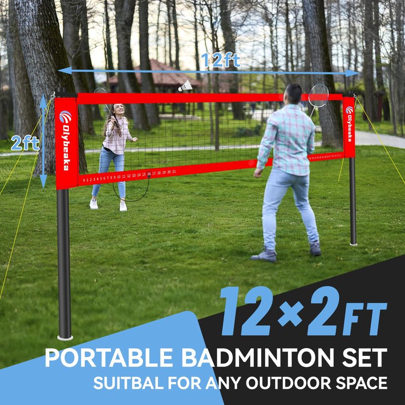 12FT Space-Saving Badminton Net Set - Durable Anti-Sag Net, Heavy Duty Poles, 2 Lightweight Rackets, 3 Shuttlecocks, Easy-Carry Bag - Stable for Backyard/Indoor/Beach (Red, 12ft)