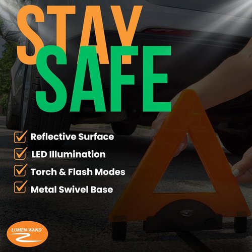 Lumen Wand LED Reflective Warning Triangle Kit - 3-Pack for Road Safety | Metal Base, Internal LEDs & Reflectors, Storage Bag Included