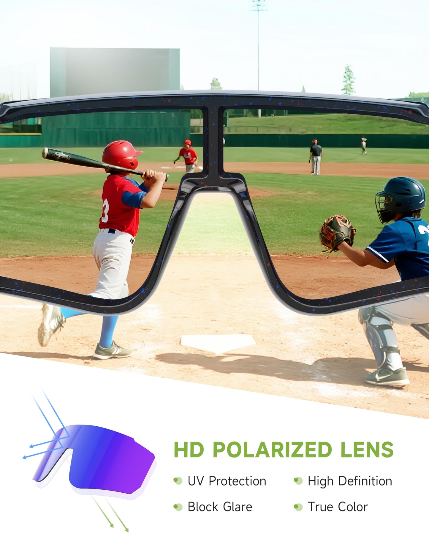 Foliful Kids Polarized Baseball Sunglasses for Boys Girls - Youth Softball Cycling Sports Sunglasses UV Protection Lightweight Goggles, Ice Blue/Green/Ice Blue