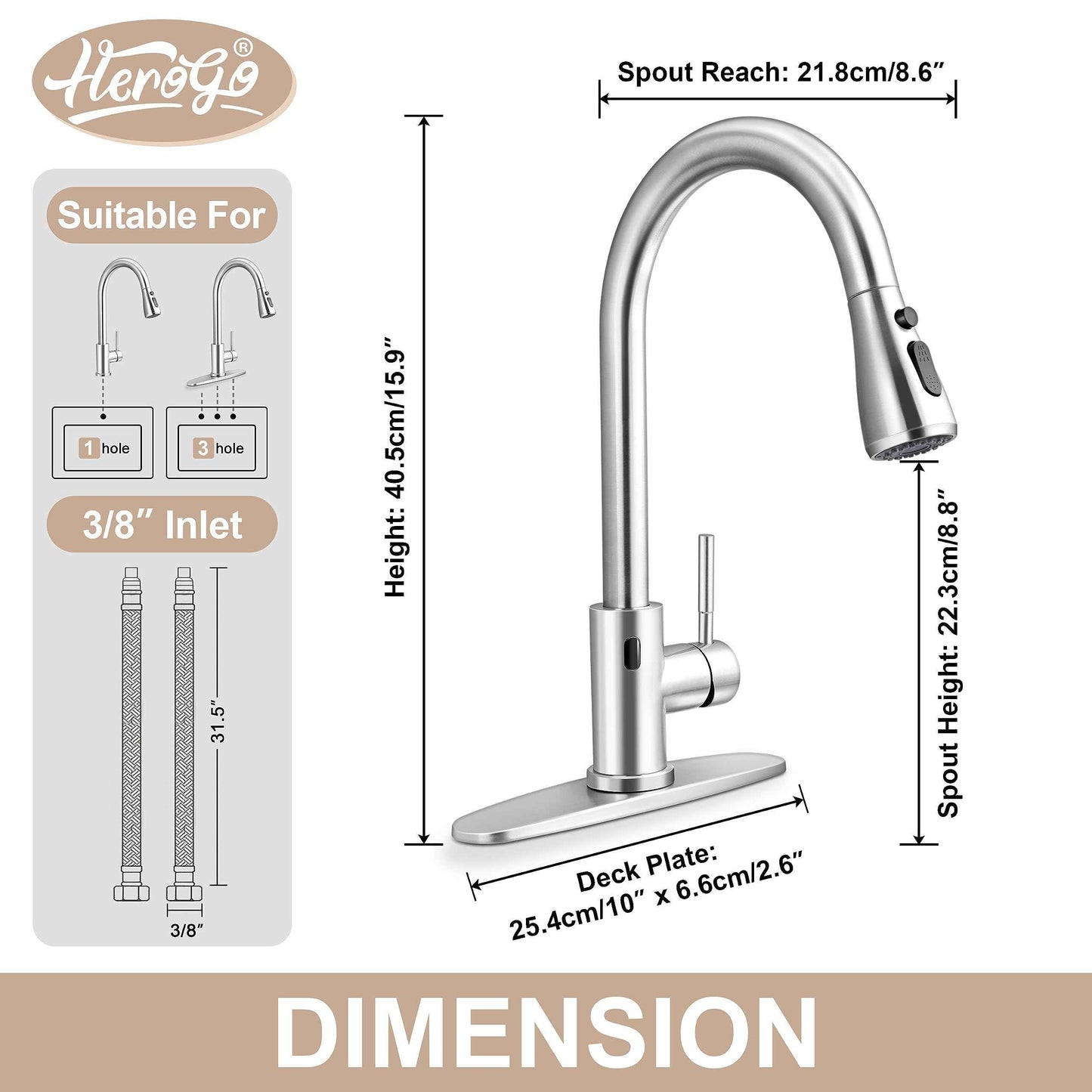 Touchless Kitchen Sink Faucet with Pull Down Sprayer, Herogo Brushed Nickel Stainless Steel Smart Activated Kitchen Faucet with Soap Dispenser, Single Handle Motion Sensor Tap for Farmhouse RV Sink