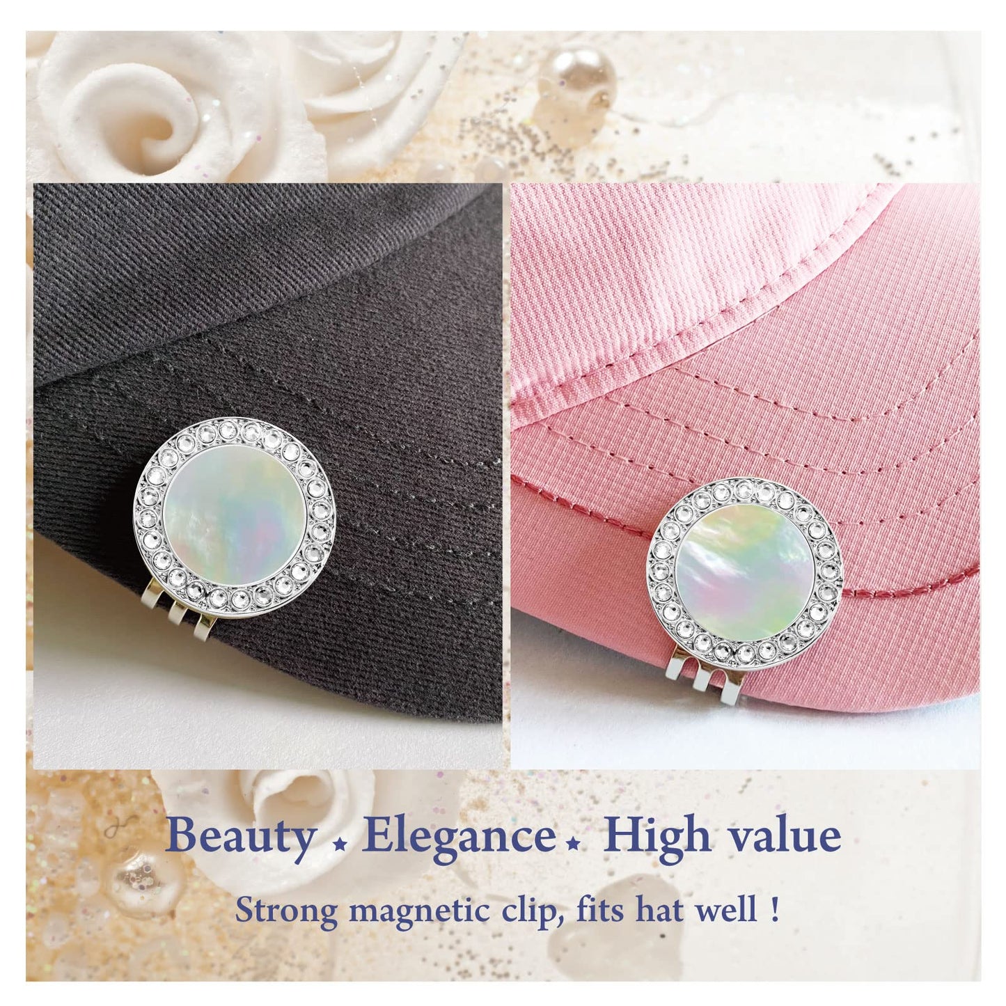 E TRUEE Golf Ball Marker Hat Clip with Pearl Crystal Ball Marker, Golf Accessories, Golf Gifts, Golf Ball Markers for Women