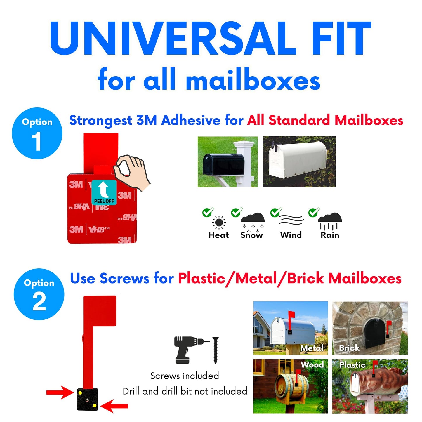 No Tools Needed with Optional Screws Mailbox Flag Replacement (Pack of 1) – Weather-Proof Strongest Adhesive Red Flag for Mailboxes Outside – Two Installation Options