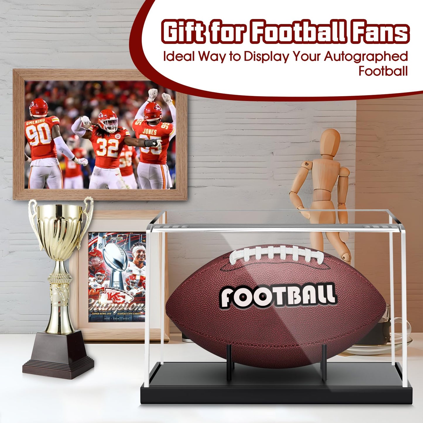 KKU Football Display Case, Acrylic Football Case with Wooden Base One-Piece Design, Autographed Football Holder for Football Fans & Collectors, Sports Collectibles, No Assembly Required - Black