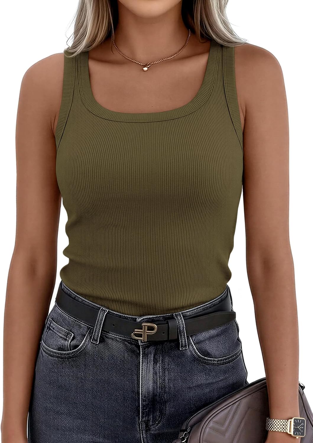 PrettyGarden Tank Tops for Women - Summer Sleeveless Scoop Neck Ribbed Cami Shirt in Casual Fit