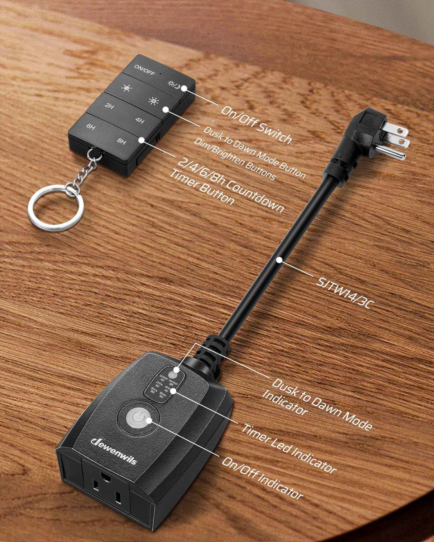 DEWENWILS Dusk to Dawn Dimmer Plug, 100FT Conrtrol Range Dimmable Timer, Compatible with Dimmable LED/Tungsten Bulbs, Waterproof Outdoor Dimmer for String Lights, Christmas Lights, FCC Certified