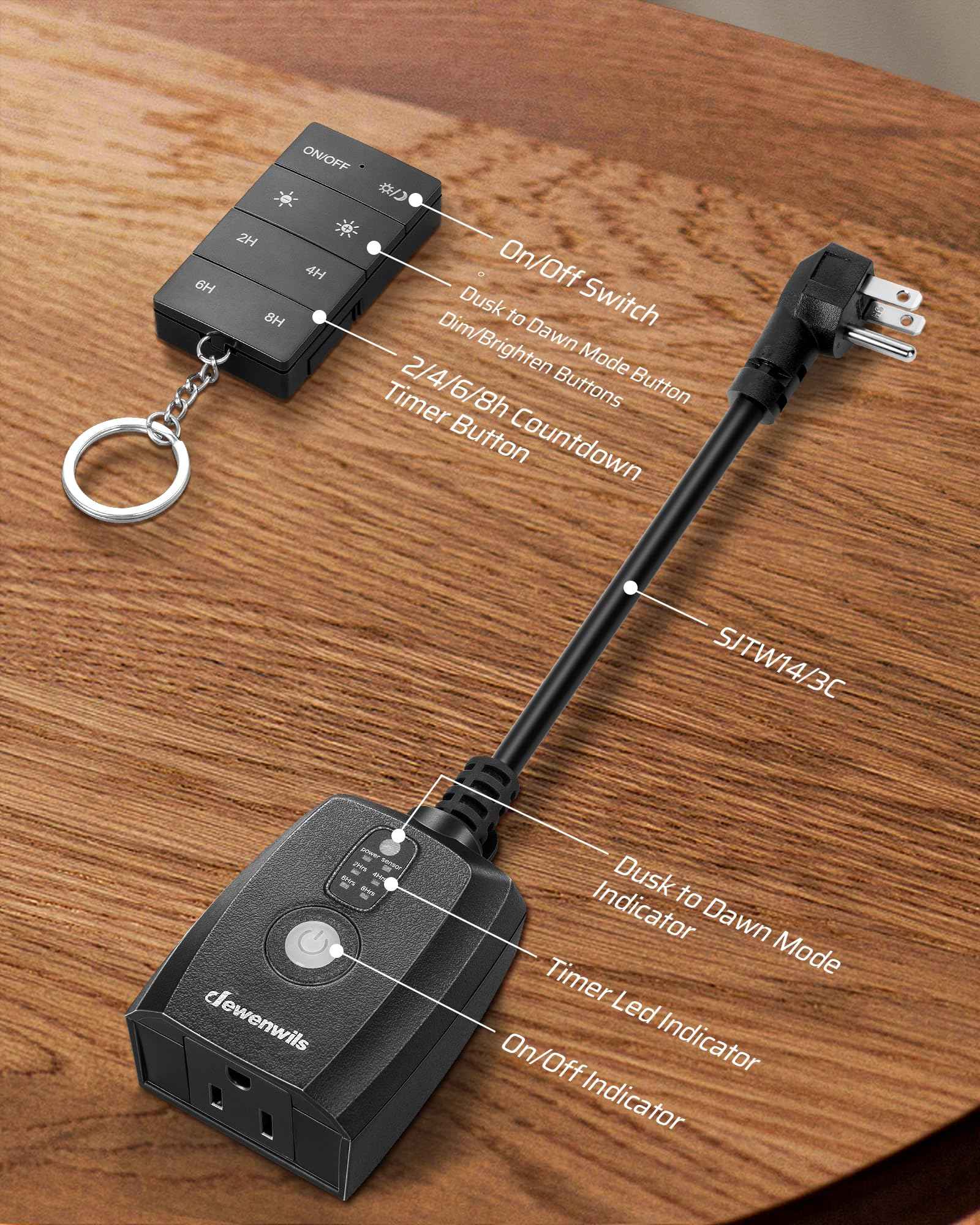 DEWENWILS Dusk to Dawn Dimmer Plug, 100FT Conrtrol Range Dimmable Timer, Compatible with Dimmable LED/Tungsten Bulbs, Waterproof Outdoor Dimmer for String Lights, Christmas Lights, FCC Certified