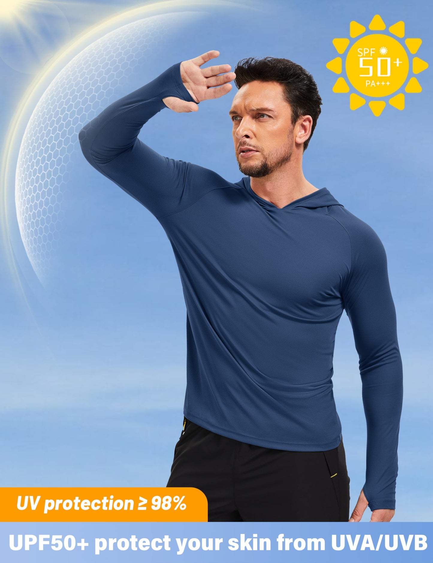 MAGCOMSEN Sun Hoodie Mens UPF 50+ Fishing Shirts for Men Long Sleeve Quick Dry T Shirt with Thumbholes Athletic Running Tee Blue Grey M