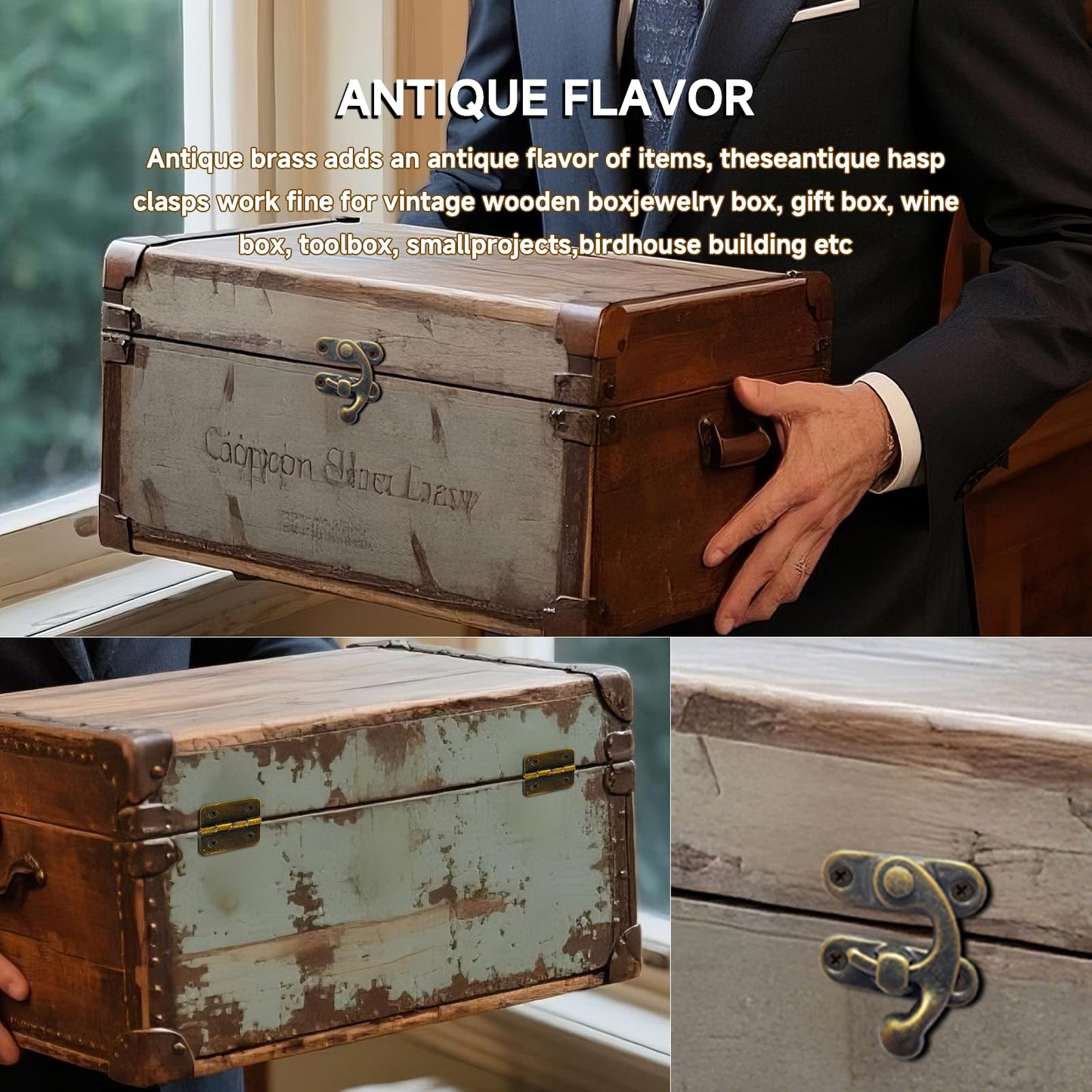 EAEDMY 18 Sets Retro Jewelry Box Hinges, Latches and Hooks for Wooden Boxes - Antique Cabinet Furniture Hardware, Small Bronze Brass Latch Hing - Bronze Tone(Catch*6 + Hinges*12) (18)