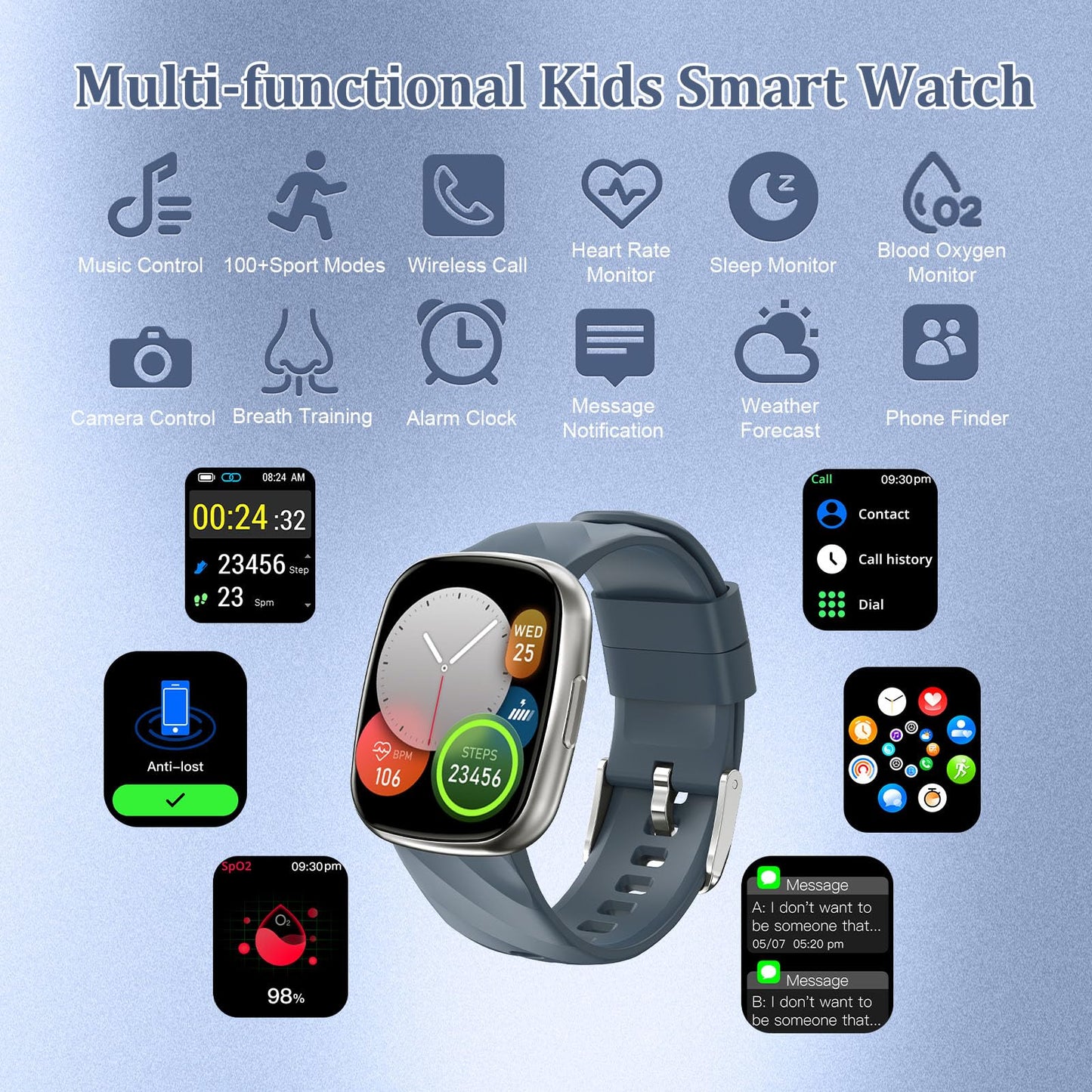 AXYWINBO Smart Watch for Kids-Watches for Girl boy Teens IP68 1.75" Fitness Tracker with Heart Rate Sleep Monitor Pedometer Alarm Clock Games-Kid Sport Watch for 4-14 Ages Girls boy Gift Silver