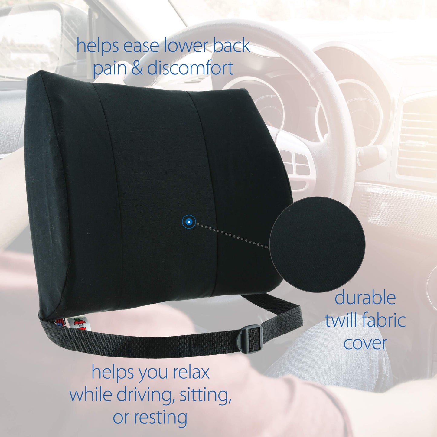 Core Products Sitback Rest Cushion Lumbar Support for Lower Back & Office Chair, Adjustable Strap Contoured Foam, Black - 13" x 14" x 5", Made in the USA