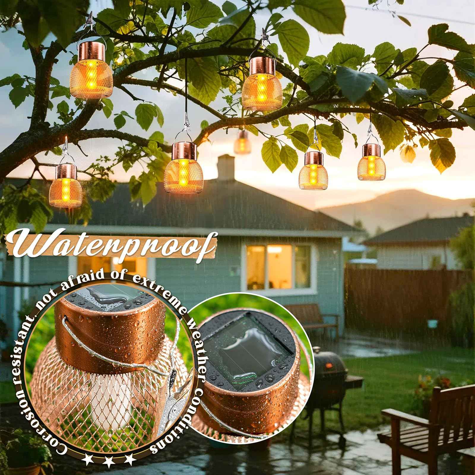 Anordsem Solar Hanging Lights Outdoor: 4 Metal Mesh Flame Lanterns with Clip - Waterproof LED Warm Lighting for Tree Yard Garden Xmas DIY Decor - Christmas Gifts for Homeowners Camper