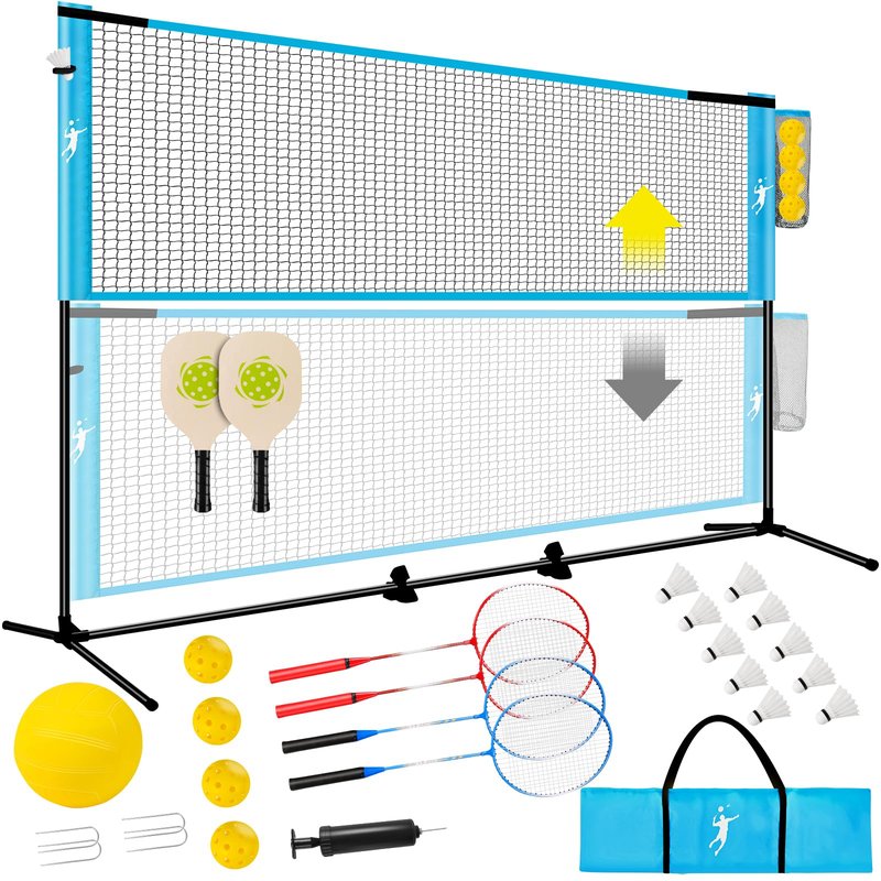 Pickleball Badminton Net Set for Backyards, All-in-One Portable Volleyball Combo Set with Adjustable Net, Volleyball Pickleball Paddles & Badminton Rackets for Indoor Outdoor