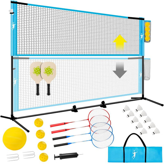 Pickleball Badminton Net Set for Backyards, All-in-One Portable Volleyball Combo Set with Adjustable Net, Volleyball Pickleball Paddles & Badminton Rackets for Indoor Outdoor