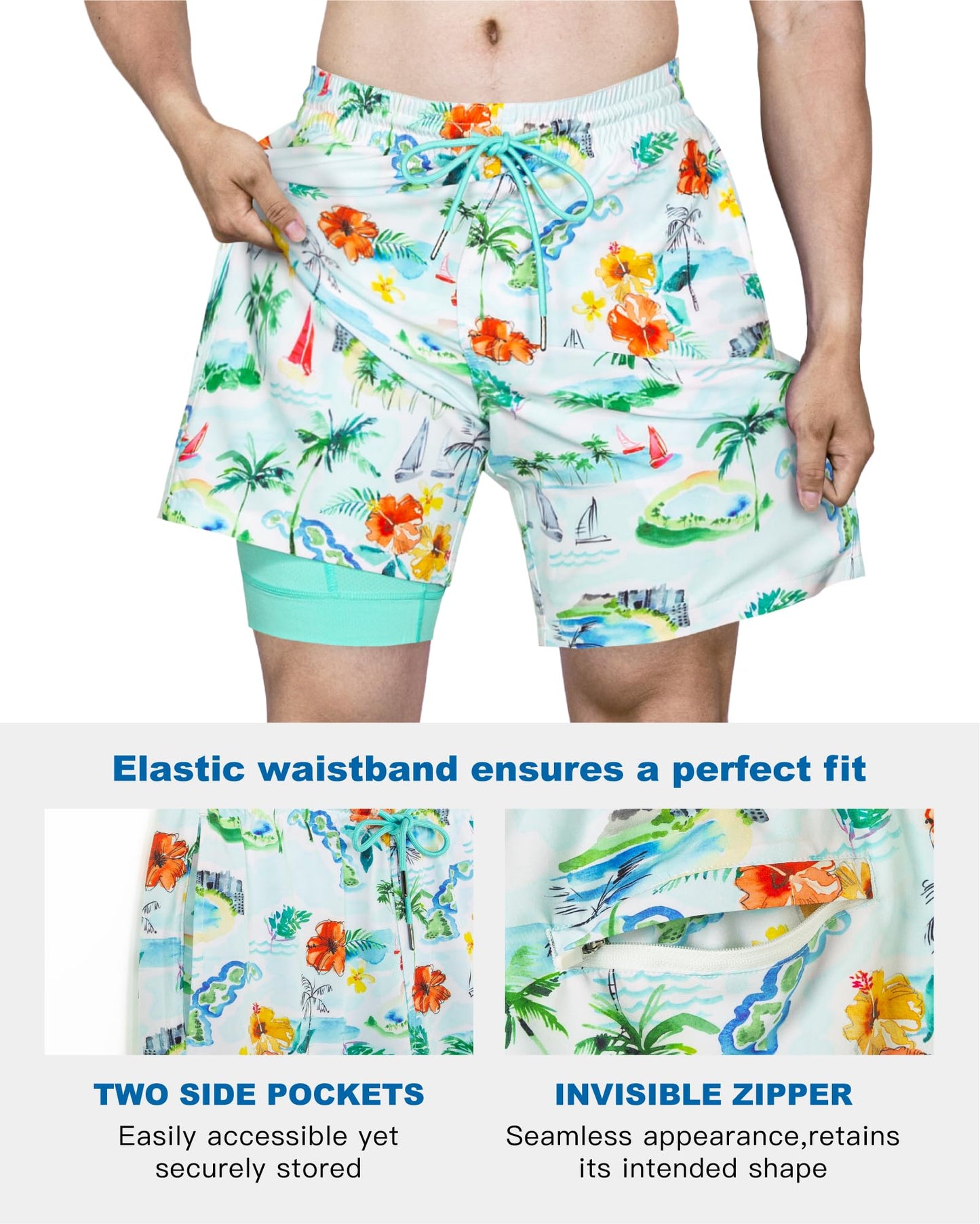 SURF CUZ Mens Swim Trunks with Compression Liner Quick Dry Swim Shorts 7" Swimming Trunks Stretch Bathing Suit Zipper Pockets,Tropical Breezers,XXL