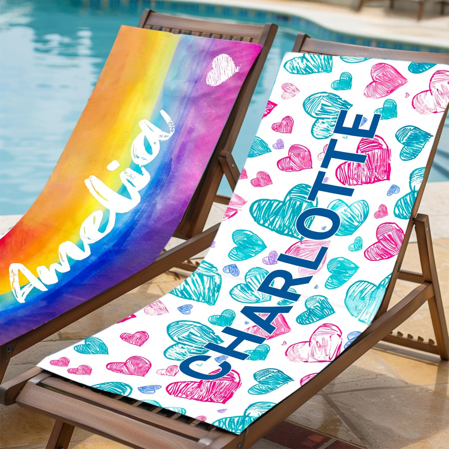 WNNNS Personalized Beach Towels for Adults & Kids Custom Beach Towel with Names for Women Men Oversized Sand Free Soft Cotton/Poly Blend Bath Pool Swim Towel Quick Dry Customized Girls Beach Towel