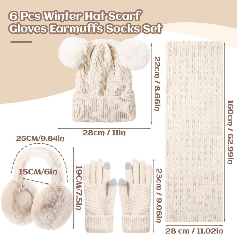 Suhine 8 Pcs Hat Scarf Ear Muff and Gloves Snowboarding Set for Women Winter Knit Beanie Pompom Hat Warm Touch Screen Gloves for Women Men Adult