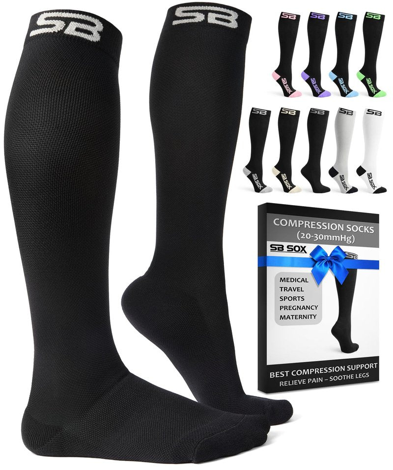 SB SOX Compression Socks for Men & Women (20-30mmHg) – Best Compression Socks for Flying, Medical, Sports, Wide Calf Fit, and Daily Wear (Solid Black, XX-Large)