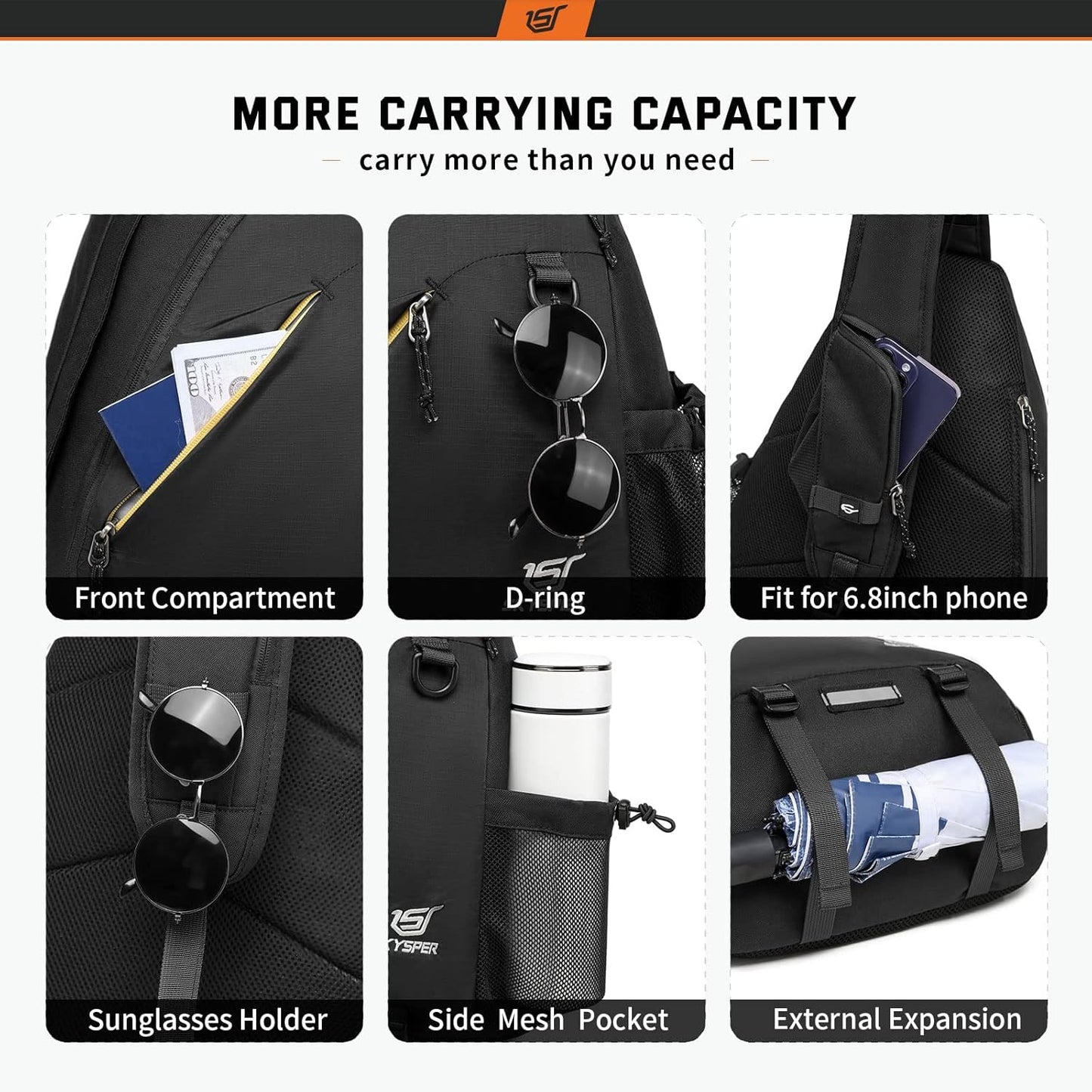 SKYSPER Sling Bag - RFID Crossbody Backpack for Men & Women | 18L Capacity, Black Color
