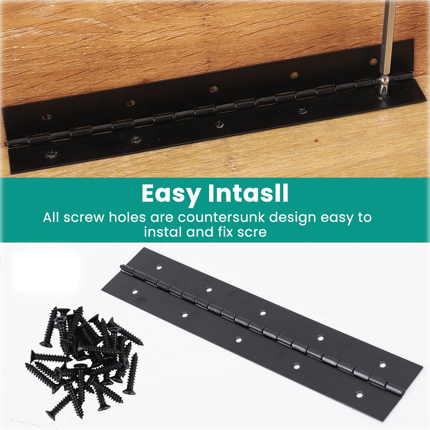 AurDo 2Pcs 12inch Black Heavy Duty Continuous&Piano Hinges,1.2" Open Width Stainless Steel Piano Hinge with Holes and Screws,Working for Wood Box,Wood Furniture,Piano Cabinets.