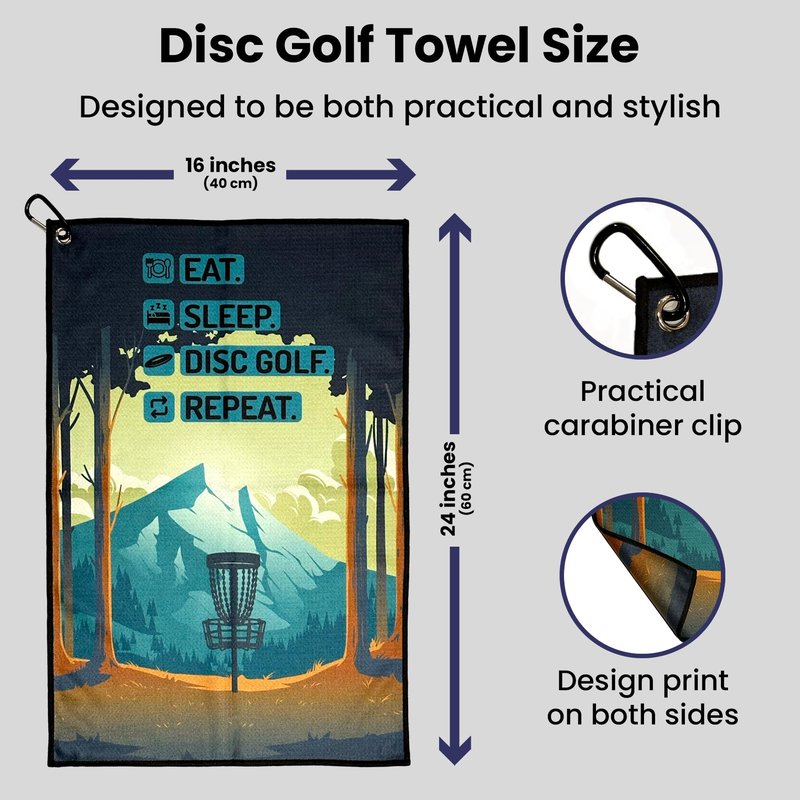 NICED NATION Disc Golf Towel with Clip for Bags - Microfiber Waffle Towels - Cool Designs (24 x 16 inches / 60x40cm) - Accessories (Eat, Sleep Disc Golf, Repeat)