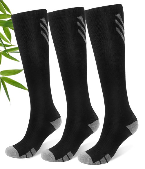 JODUCE Bamboo Viscose Compression Socks for Men & Women 3 Pairs,15-25 mmHg Knee-High Socks Support for Flying Travel Daily（Black,L/XL）