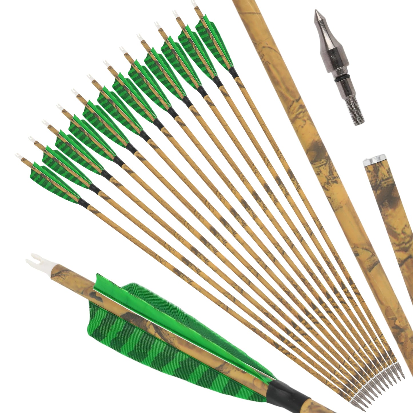ZSHJGJR 30” Carbon Arrows Hunting Arrows with 4” Turkey Feather Removable Tips Archery Targeting Practice Arrows 500 Spine for Compound & Recurve & Traditional Bow 6/12pcs (12, Green)