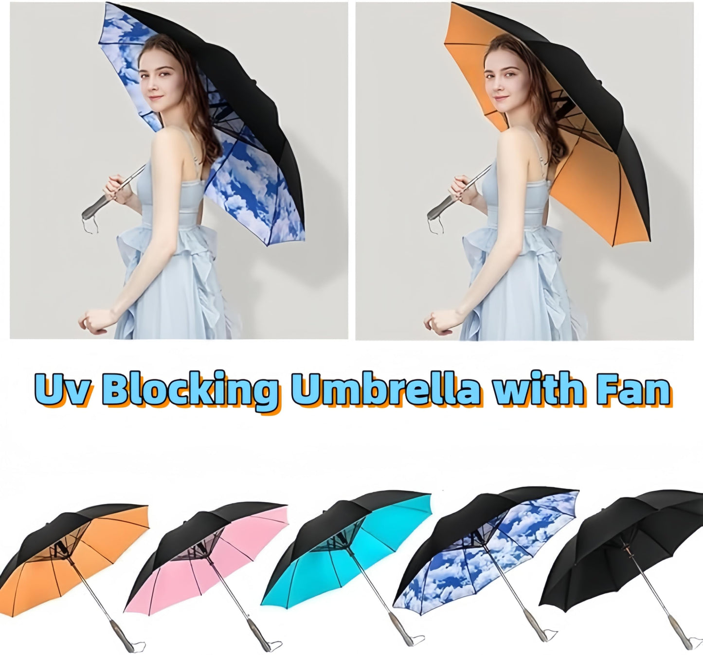 3 in 1 Sun Umbrella with Fan Misting, Uv Blocking 50+ Portable Fan Cooling Umbrella for Fishing, Golfing, Outdoor Beach, USB Rechargeable, Comes with Water Bottle Attach for the Mister