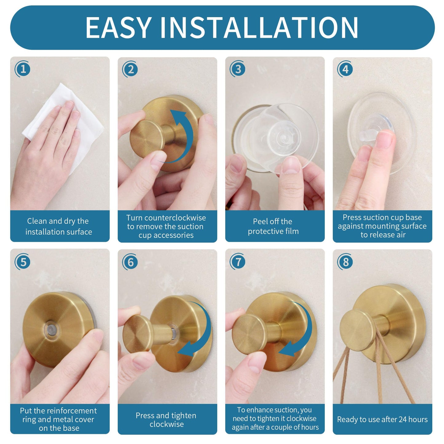 Deluwire Suction Cup Hooks for Shower,3 Packs Towel Holder,Removable Shower Towel Suction Hooks for Bathroom Wall,Kitchen,Glass,Mirror,Tile to Hang Robes,Loofah-Gold No Rough or Dirty Surfaces