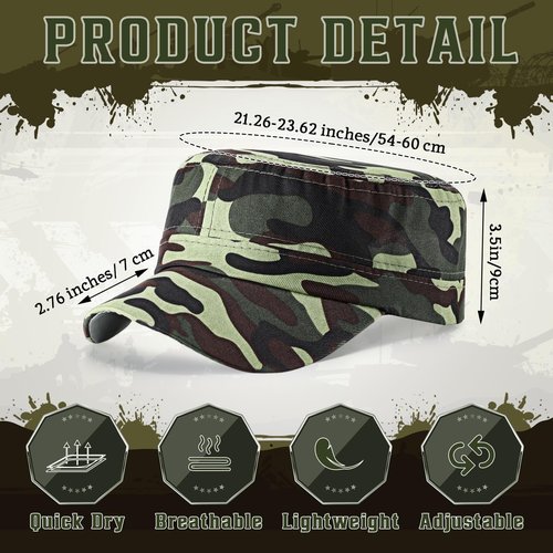 Eurzom 6 Pcs Military Style Hat Cadet Cap Army Basic Army Vintage Cap Adjustable Cotton Twill Flat Top Hats for Men Women (Camo)