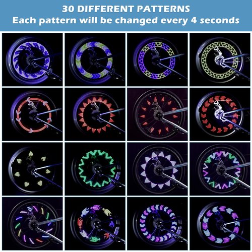 2 Tire Rechargeable LED Bike Wheel Lights,30 Patterns Waterproof Bicycle Spoke Lights,Cycling Tire Lights for Night Riding,Cycling Decoration Safety Warning Tire Strip Light for Kids Adults(Pack of 2)
