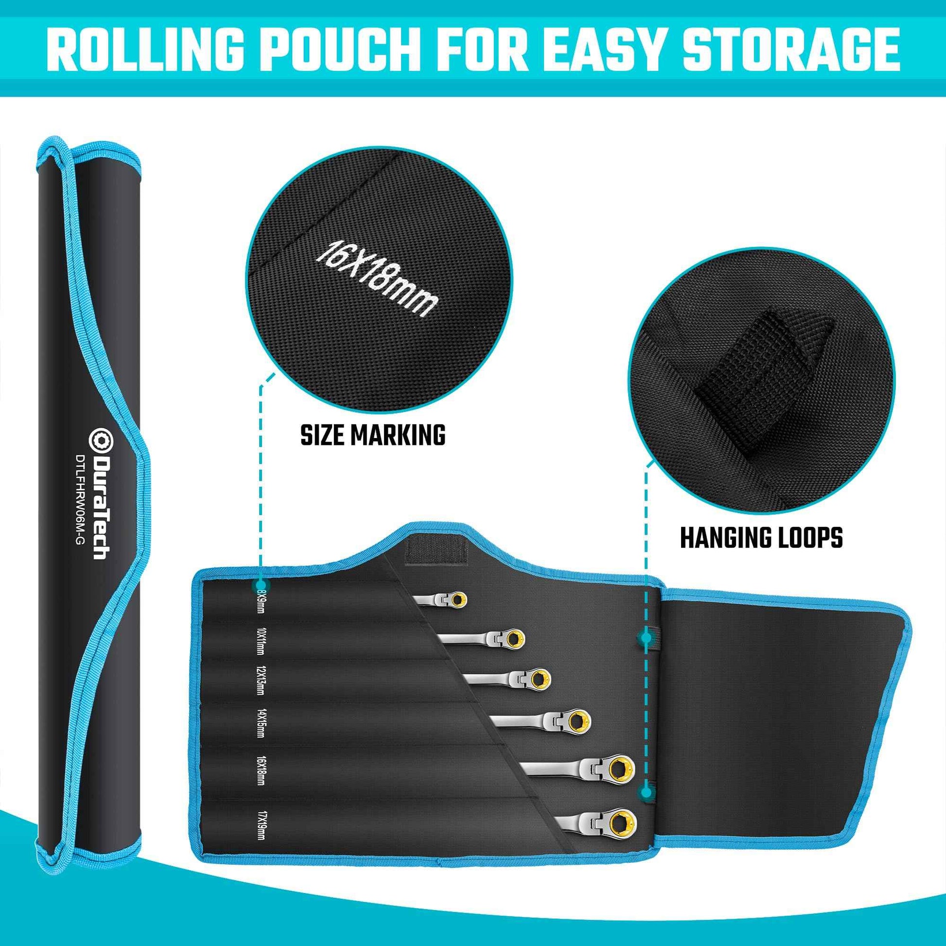 DURATECH Extra Long Anti-Slip Flex-Head Ratcheting Wrench Set, Double Box End Wrench Set, 6-Piece, Metric 8-19 mm, CR-V Steel, with Pouch