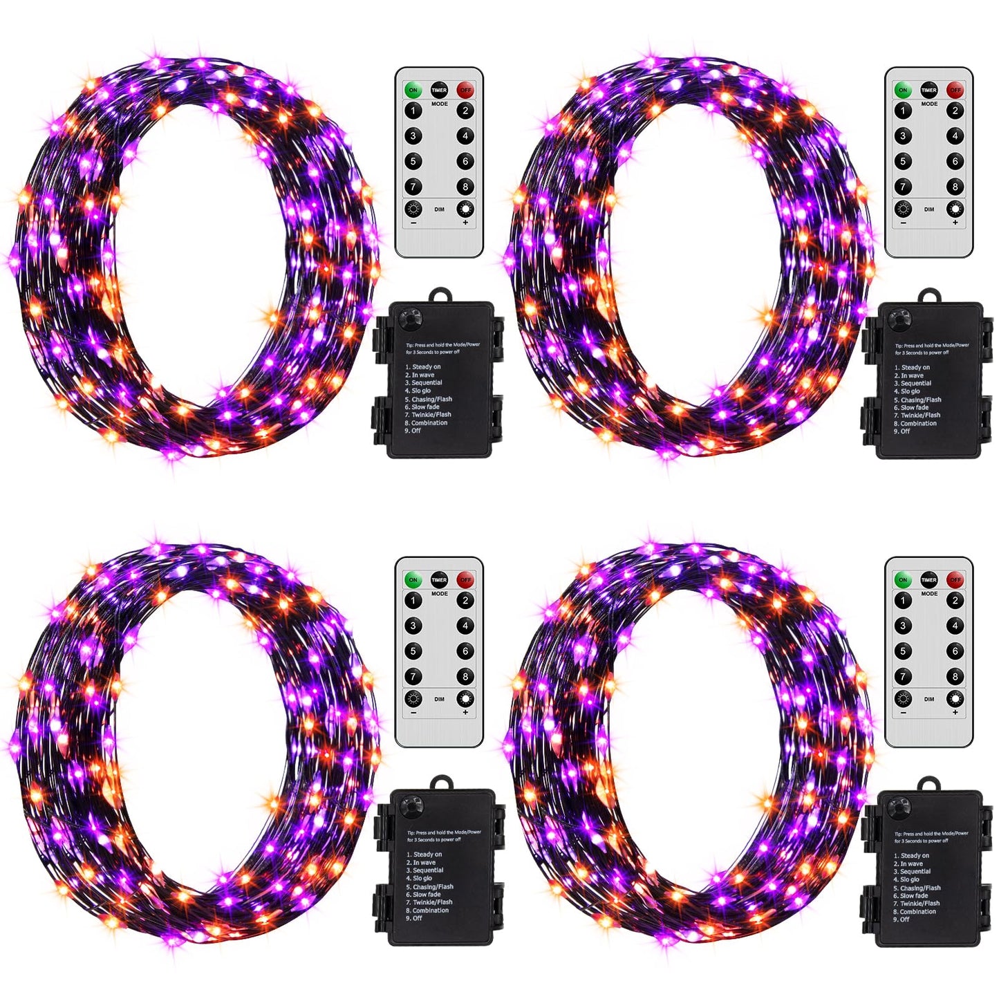 ZAIYW Halloween Fairy Lights Battery, 4 Pack 16.5Ft 50 LED Fairy Lights with Remote Control Timer 8 Modes, Black Copper Wire Twinkle Lights for Indoor Outdoor Halloween Decor (Purple Orange)