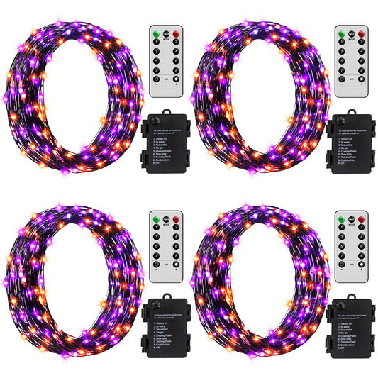ZAIYW Halloween Fairy Lights Battery, 4 Pack 16.5Ft 50 LED Fairy Lights with Remote Control Timer 8 Modes, Black Copper Wire Twinkle Lights for Indoor Outdoor Halloween Decor (Purple Orange)