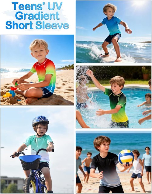 Boys' Rash Guard Swim Shirt, UPF 50+ Sun Protection Short Sleeve, Kids Youth Water Shirt for Swimming Surf Beach