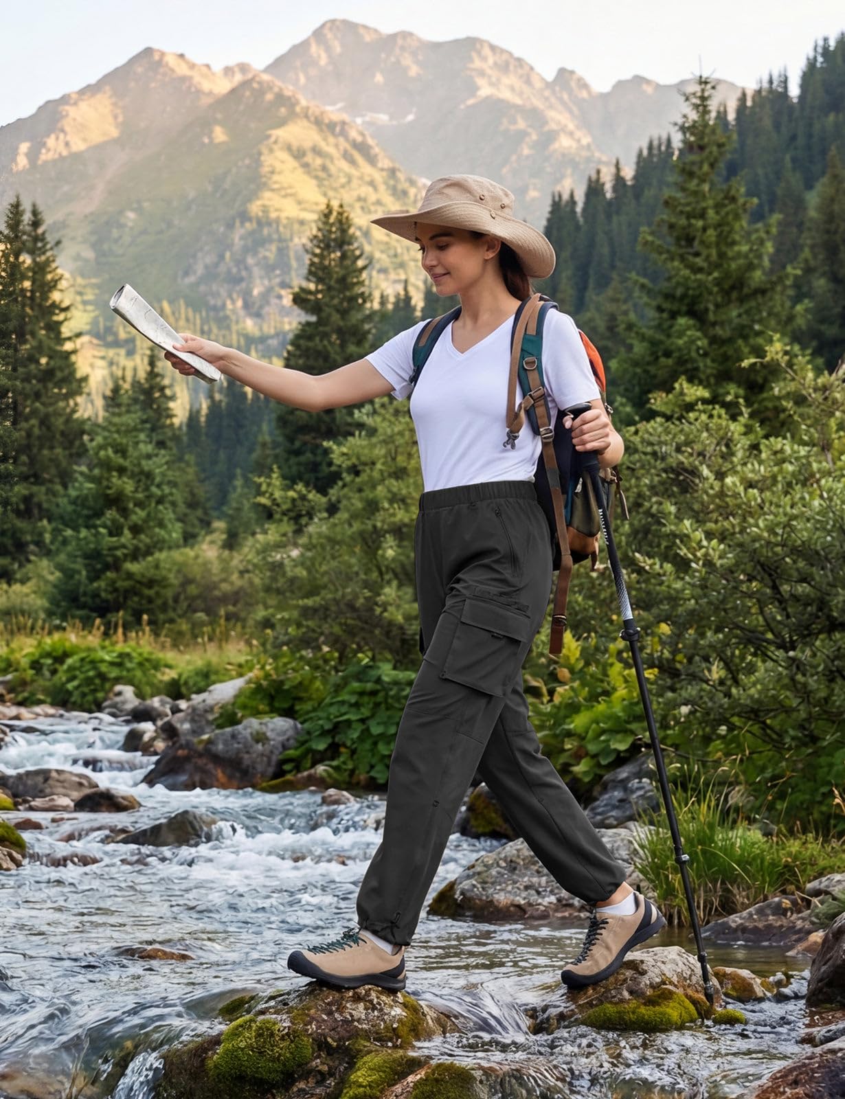 baleaf Women's Hiking Pants Lightweight Water Resistant Quick Dry Cargo Trail Pants with Zippered Pockets Summer SPF Black M