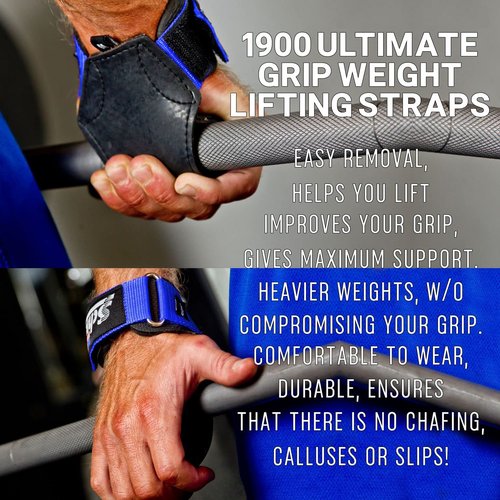 Schiek Sports 1900 Ultimate Hand Grip - 9 mm Thick Neoprene Grips for Weight Lifting (Blue, Large)