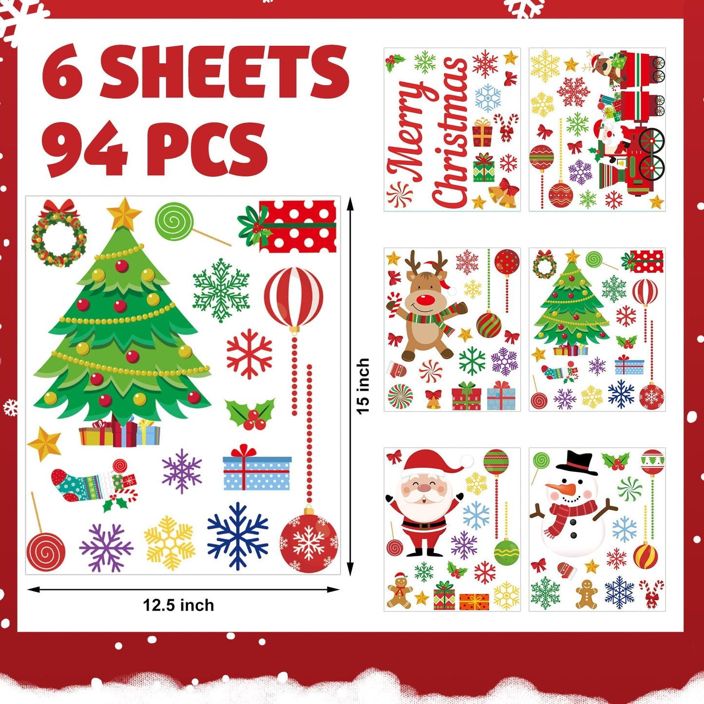 94 Pcs Christmas Wall Stickers Decals Removable Merry Christmas Wall Decorations Xmas Ball Tree Snowman Santa Reindeer Walls Decals for Xmas Party Home Office Walls Decorations