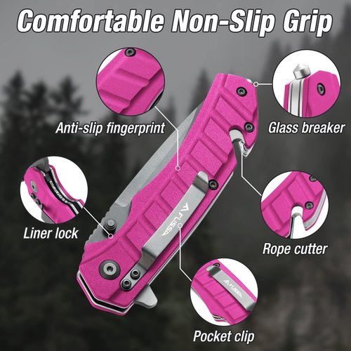 FLISSA Folding Pocket Knife, EDC Knife with Liner Lock, Tanto Blade, Pocket Clip, Glass Breaker, Seatbelt Cutter, Perfect for Outdoor, Camping(Pink)