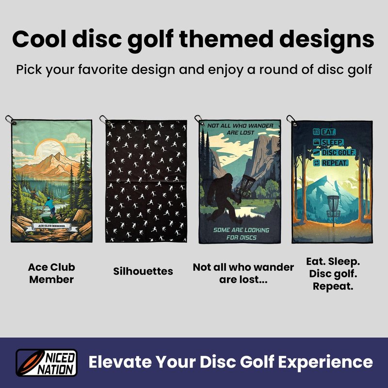 NICED NATION Disc Golf Towel with Clip for Bags - Microfiber Waffle Towels - Cool Designs (24 x 16 inches / 60x40cm) - Accessories (Eat, Sleep Disc Golf, Repeat)