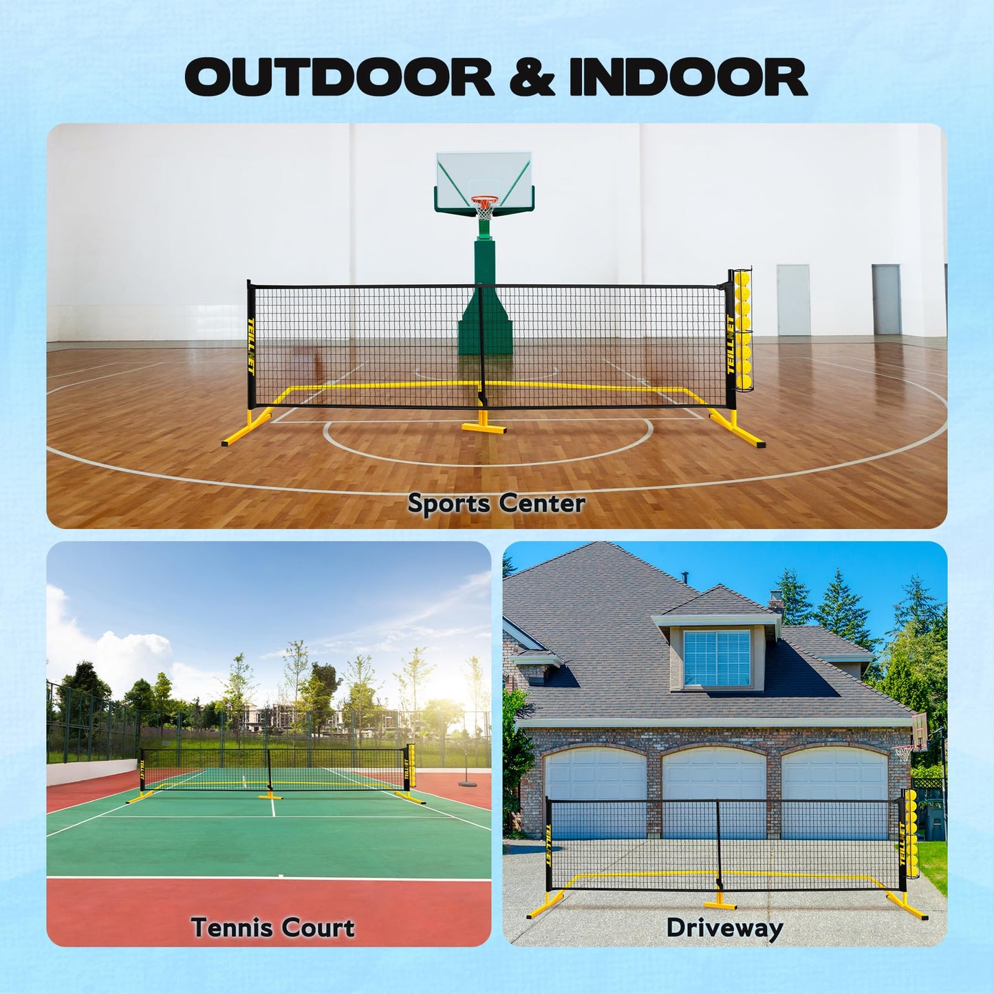TEILLNET Pickleball Set with Net & Metal Ball Holder - Portable 22FT Regulation Size Net, 4 Wooden Paddles, 4 Balls and Carry Bag, Weather-Resistant Metal Frame, Perfect for Outdoor Indoor Driveway