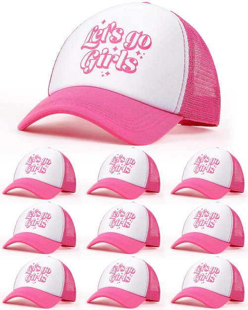 Jecery 10 Pcs Let's Go Girl Theme Trucker Hat for Women, Bach Party Mesh Baseball Cap for Bridal Shower Wedding Bach Party Gifts Rose Red