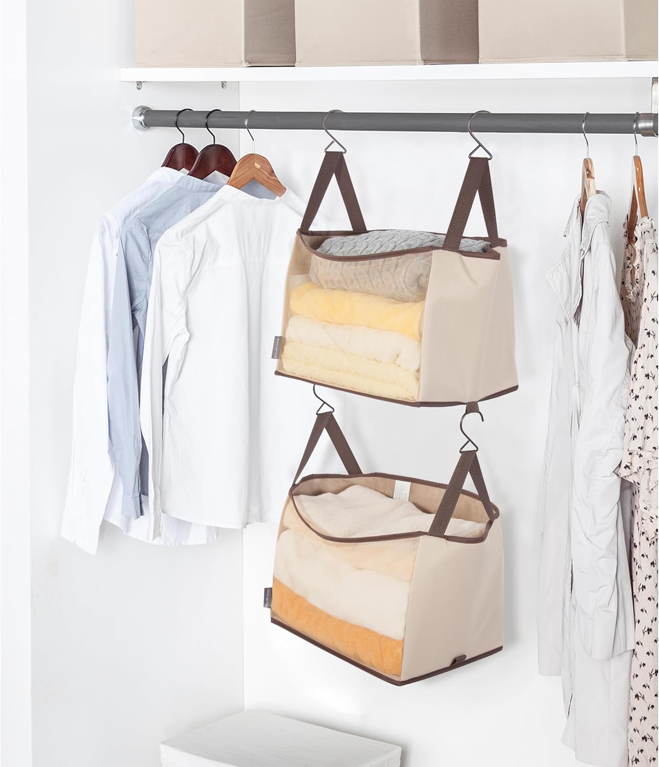 Storage Maniac 2-Shelf Hanging Closet Organizer - Canvas Shelf with Hooks for Dorm & Bedroom - Beige