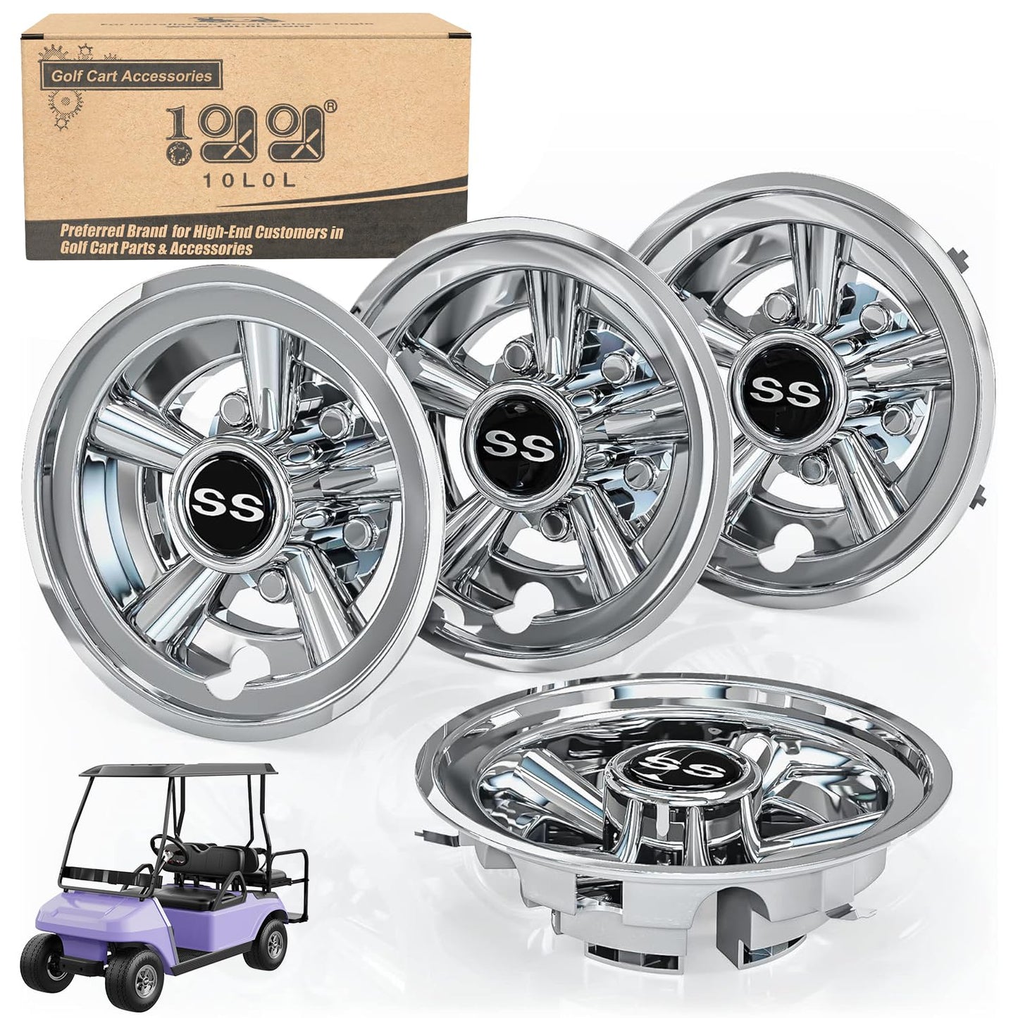 10L0L Golf Cart 8 Inch SS Wheel Covers Hub Caps for Yamaha, EZGO, Club Car, Snap-on Installation, Chrome, Set of 4