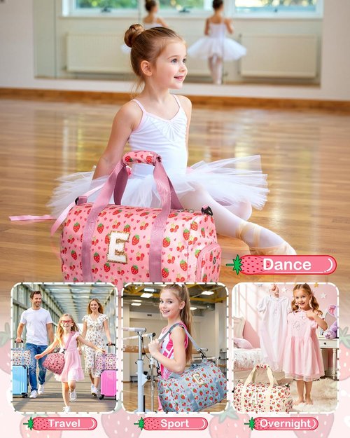 Elilier Dance Bag for Girls, Birthday Gifts for 4 5 6 7 8 9 10 Year Old Girls Kids, Initial Kids Duffle Bag, Cute Weekender Overnight Sleepover Gym Bag with Shoe Compartment, Girly Stuff