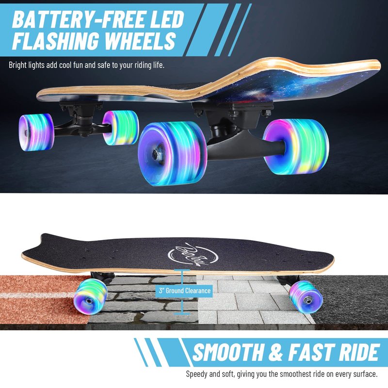 BELEEV Cruiser Skateboards for Kids, 27x8 inch Complete Skateboard for Beginners Teens Adults, 7 Ply Canadian Maple Double Kick Deck Concave Trick Skateboard with LED Light-Up Wheels (Nebula)