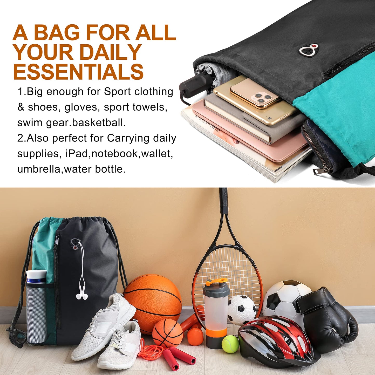 Drawstring Backpack Sports Gym Bag for Women Men Large Lightweight Backpack with Zipper and Water Bottle Mesh Pockets (Black/Teal)