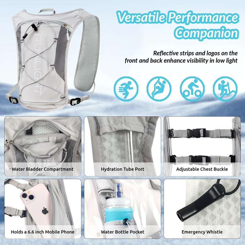 Running Vest for Women Men, Adjustable Hydration Backpack Breathable Reflective with 1.5L Water Bladder for Hiking, Trail, Running, Marathons, Cycling (Gray, One Size)