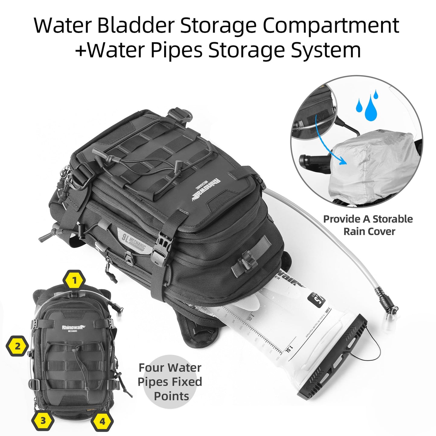 abamita Motorcycle Tank Bag Backpack Rhinowalk tank bag Separate Water Bag with Waterproof Cover and Molle System for most Adventure and Sport Motorcycle Frames Black